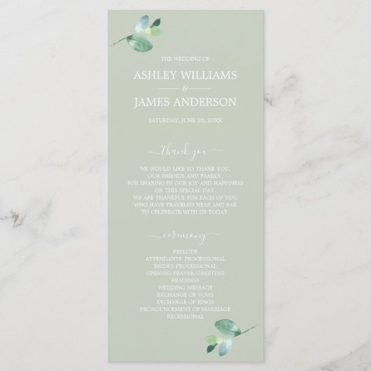 Chic Script Eucalyptus Foliage Green Wedding Programmakaart (Voorkant)