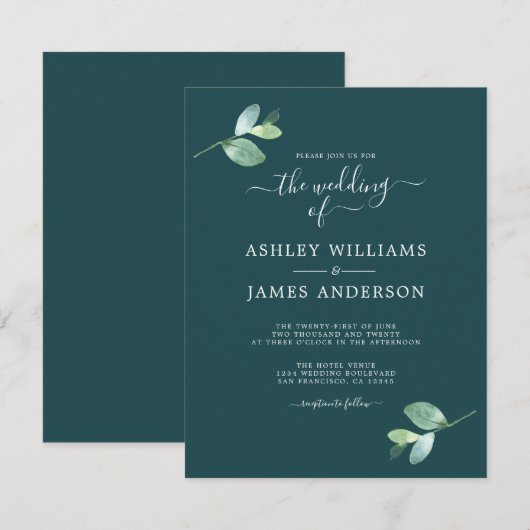 Chic Script Eucalyptus Foliage Minimal Weddenschap Kaart (Voorkant / Achterkant)
