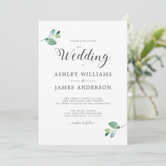 Chic Script Eucalyptus Foliage Minimal Weddenschap Kaart (Staand voorkant)