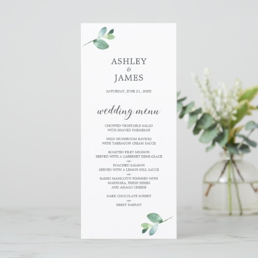 Chic Script Eucalyptus Foliage Minimal Weddenschap Menu (Staand voorkant)