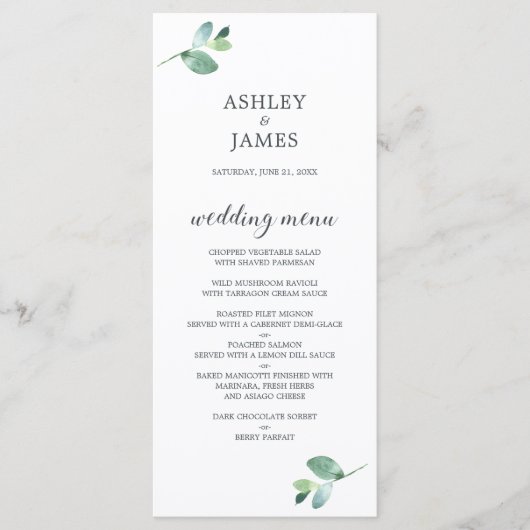 Chic Script Eucalyptus Foliage Minimal Weddenschap Menu (Voorkant)