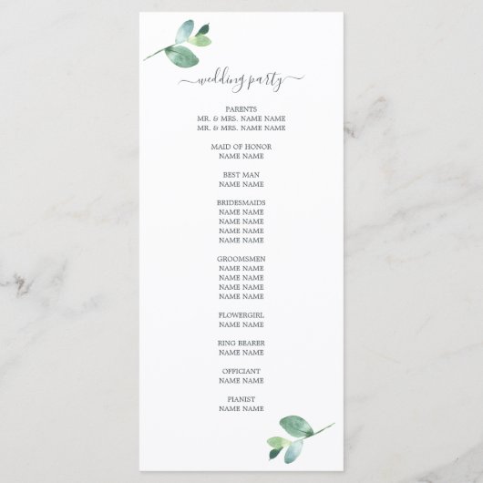 Chic Script Eucalyptus Foliage Minimal Weddenschap Programmakaart (Achterkant)