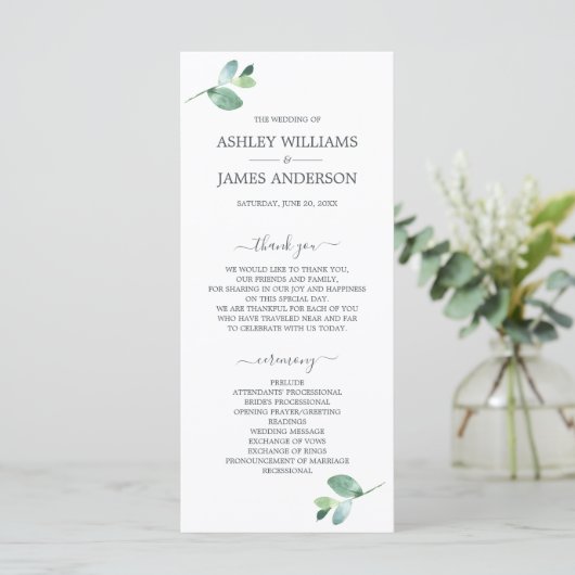 Chic Script Eucalyptus Foliage Minimal Weddenschap Programmakaart (Staand voorkant)