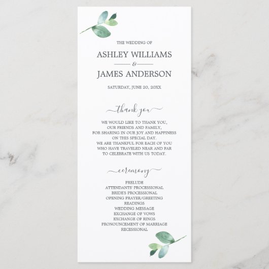 Chic Script Eucalyptus Foliage Minimal Weddenschap Programmakaart (Voorkant)