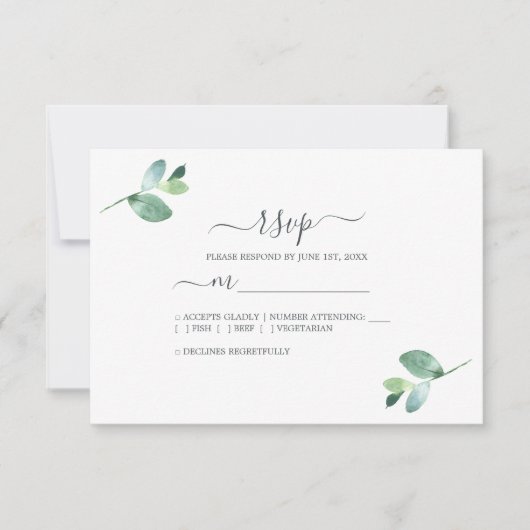 Chic Script Eucalyptus Foliage Minimal Weddenschap RSVP Kaartje (Voorkant)