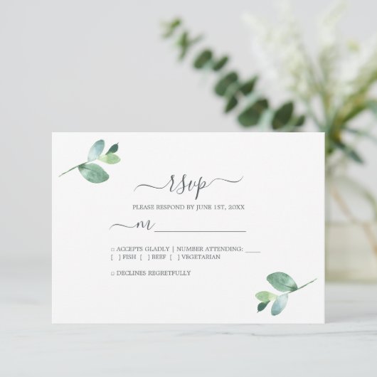 Chic Script Eucalyptus Foliage Minimal Weddenschap RSVP Kaartje (Staand voorkant)
