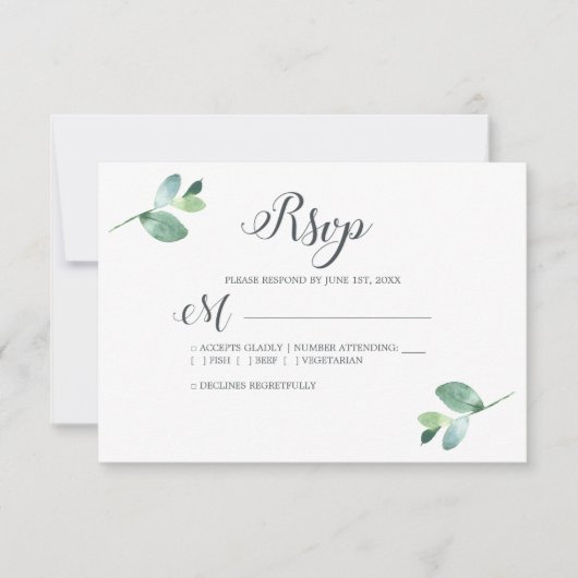 Chic Script Eucalyptus Foliage Minimal Weddenschap RSVP Kaartje (Voorkant)