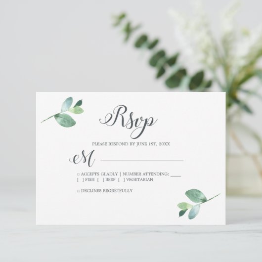 Chic Script Eucalyptus Foliage Minimal Weddenschap RSVP Kaartje (Staand voorkant)