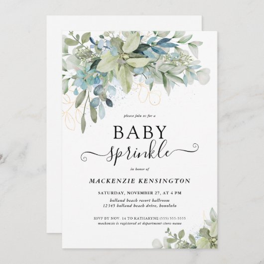 Chic Script Eucalyptus Greenery Baby Sprinkle Kaart (Voorkant / Achterkant)