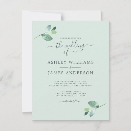 Chic Script Eucalyptus Loof Minimal Huwelijk Kaart (Voorkant)