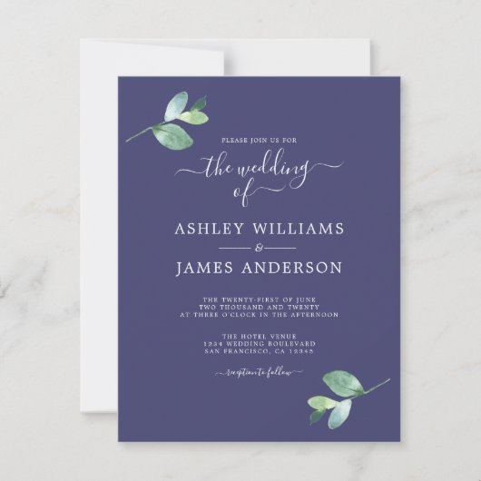 Chic Script Eucalyptus Loof Minimal Huwelijk Kaart (Voorkant)