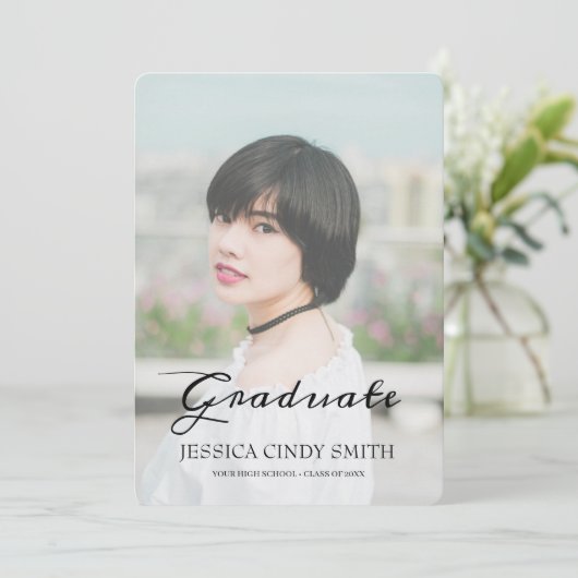 Chic Script Faux Vellum Effect Photo Afstuderen Kaart (Staand voorkant)