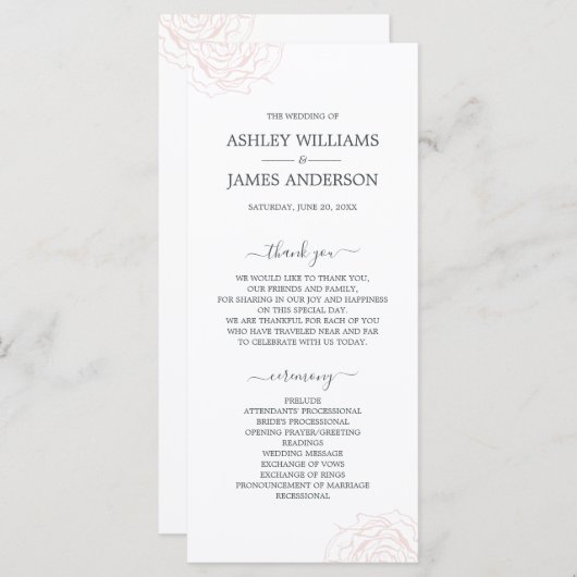 Chic Script Floral Bleek roze roze eenvoudige brui Programmakaart (Voorkant / Achterkant)