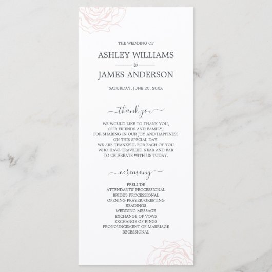 Chic Script Floral Bleek roze roze eenvoudige brui Programmakaart (Voorkant)