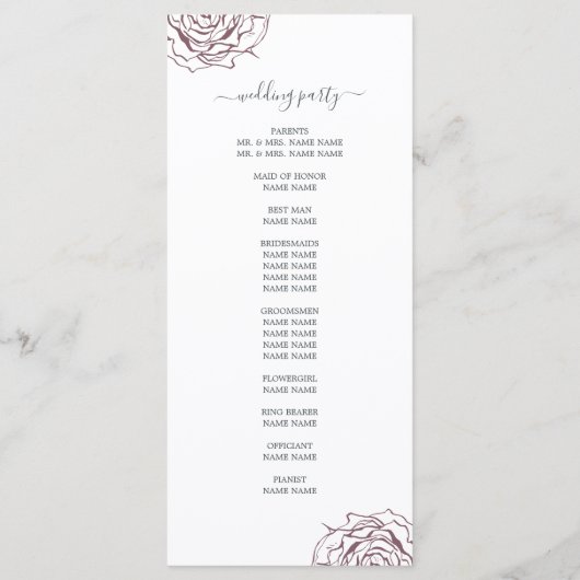 Chic Script Floral Burgundy Roos Simple Wedding Programmakaart (Achterkant)