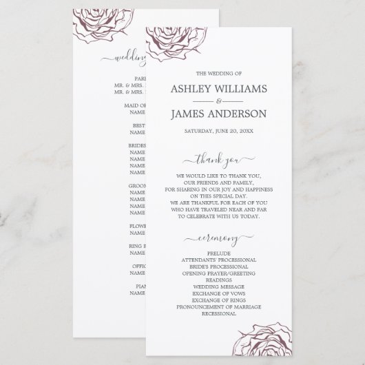 Chic Script Floral Burgundy Roos Simple Wedding Programmakaart (Voorkant / Achterkant)