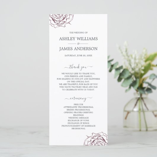 Chic Script Floral Burgundy Roos Simple Wedding Programmakaart (Staand voorkant)