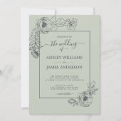 Chic Script Floral contour pastel Green Wedding Kaart (Voorkant)