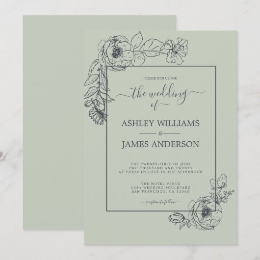 Chic Script Floral contour pastel Green Wedding Kaart (Voorkant / Achterkant)