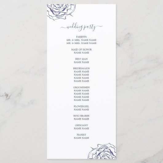 Chic Script Floral Navy Blue Roos Simple Wedding Programmakaart (Achterkant)