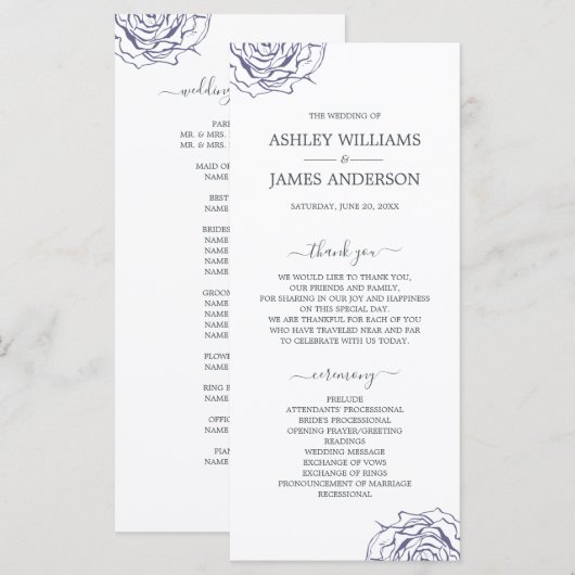 Chic Script Floral Navy Blue Roos Simple Wedding Programmakaart (Voorkant / Achterkant)
