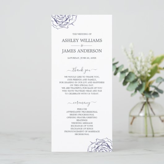 Chic Script Floral Navy Blue Roos Simple Wedding Programmakaart (Staand voorkant)