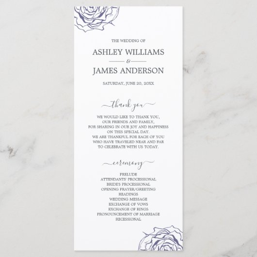Chic Script Floral Navy Blue Roos Simple Wedding Programmakaart (Voorkant)