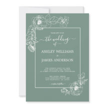 Chic Script Floral Outline Dusty Green Wedding