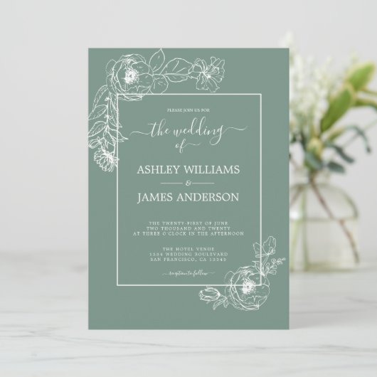 Chic Script Floral Outline Dusty Green Wedding Kaart (Staand voorkant)