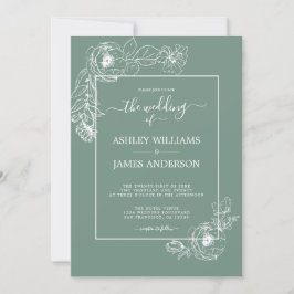 Chic Script Floral Outline Dusty Green Wedding Kaart
