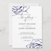 Chic Script Floral Outline Navy Blue Roos Wedding Kaart (Voorkant)