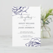 Chic Script Floral Outline Navy Blue Roos Wedding Kaart (Staand voorkant)