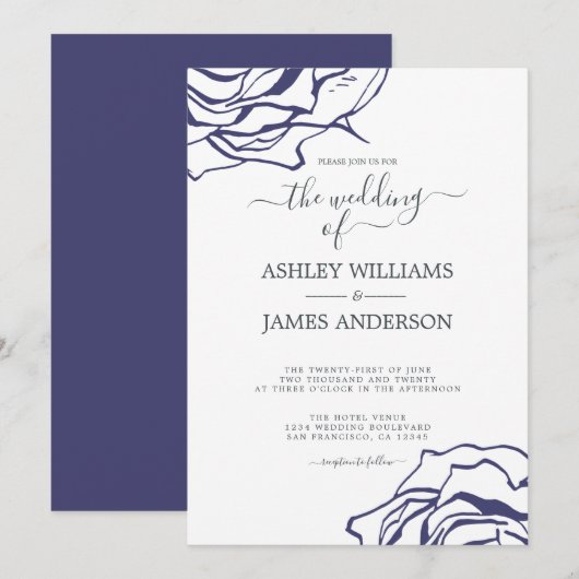 Chic Script Floral Outline Navy Blue Roos Wedding Kaart (Voorkant / Achterkant)