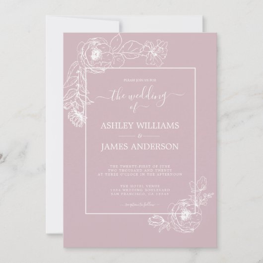 Chic Script Floral Outline Pastel Paarse bruiloft Kaart (Voorkant)