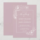 Chic Script Floral Outline Pastel Paarse bruiloft Kaart (Voorkant / Achterkant)