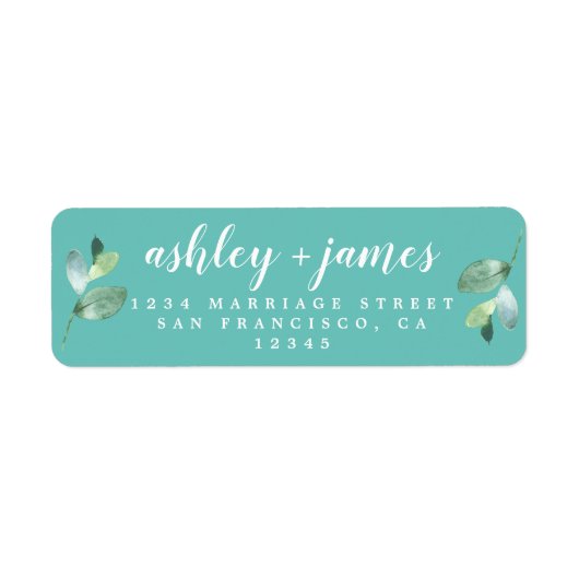 Chic Script Foliage Blue Return-adres Etiket (Voorkant)