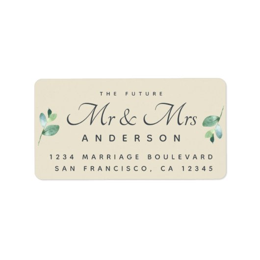 Chic Script Foliage Future Mr Mrs Trouwadres Etiket (Voorkant)