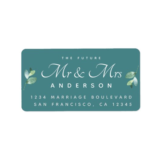 Chic Script Foliage Future Mr Mrs Wedding Address Etiket (Voorkant)