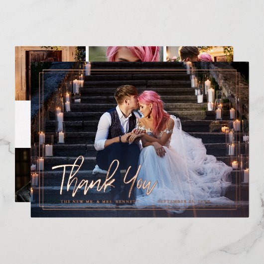 Chic-script | Foto Collage Weddenschap Hartelijk d Folie Uitnodiging (Voorkant / Achterkant)