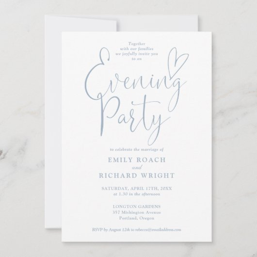 Chic Script Foto Dusty Blue Wedding Evening Party Kaart (Voorkant)