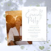 Chic Script Foto Dusty Blue Wedding Evening Party Kaart