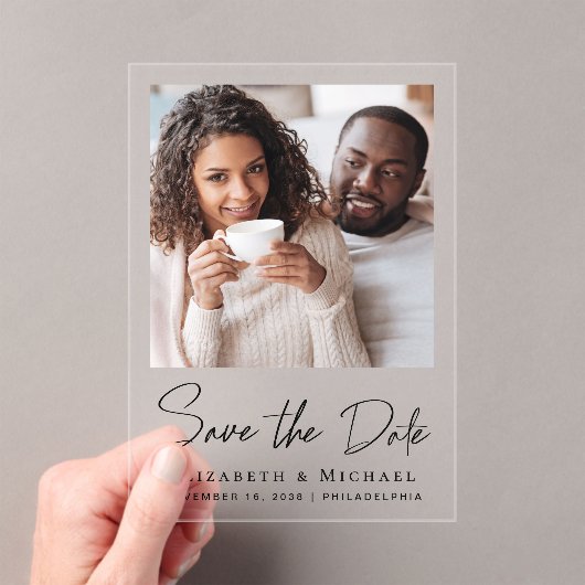 Chic Script Foto Sla de datum op Acryl Uitnodigingen (Insitu (Draagbaar))