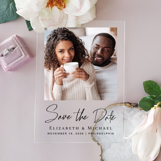 Chic Script Foto Sla de datum op Acryl Uitnodigingen