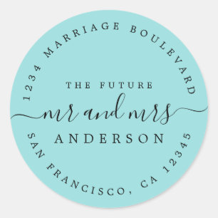 Chic Script Future Mr Mrs Return Address Blue Ronde Sticker
