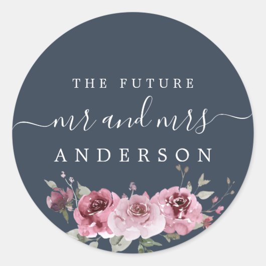Chic Script Future, Mrs Burgundy Floral Blue Ronde Sticker (Voorkant)