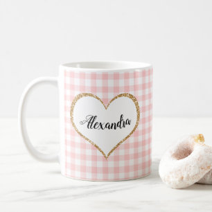 Chic Script Girly Pink White Gingham Custom Name Koffiemok