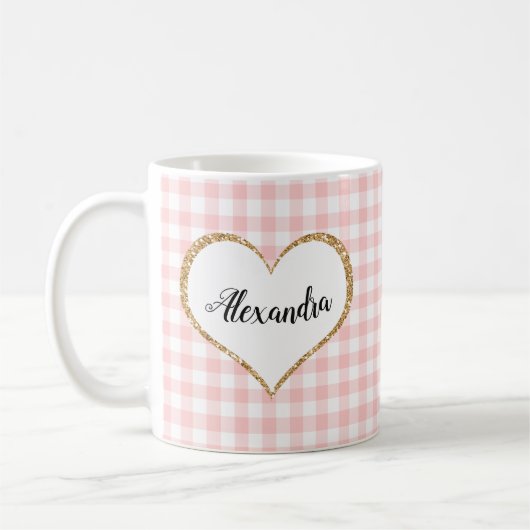 Chic Script Girly Pink White Gingham Custom Name Koffiemok (Links)