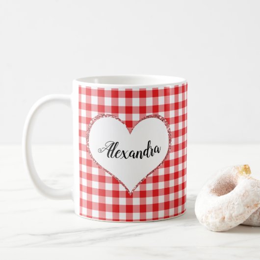 Chic Script Girly Red White Gingham Custom Name Koffiemok (Met donut)