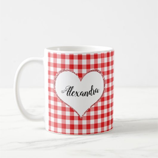 Chic Script Girly Red White Gingham Custom Name Koffiemok (Links)
