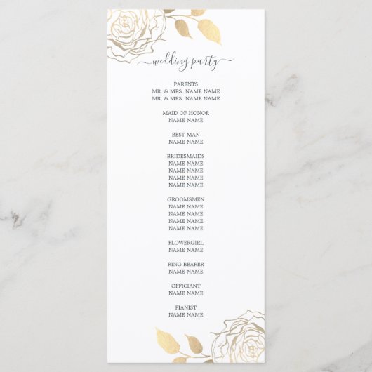 Chic Script Gold Floral Roos Simple Wedding Programmakaart (Achterkant)